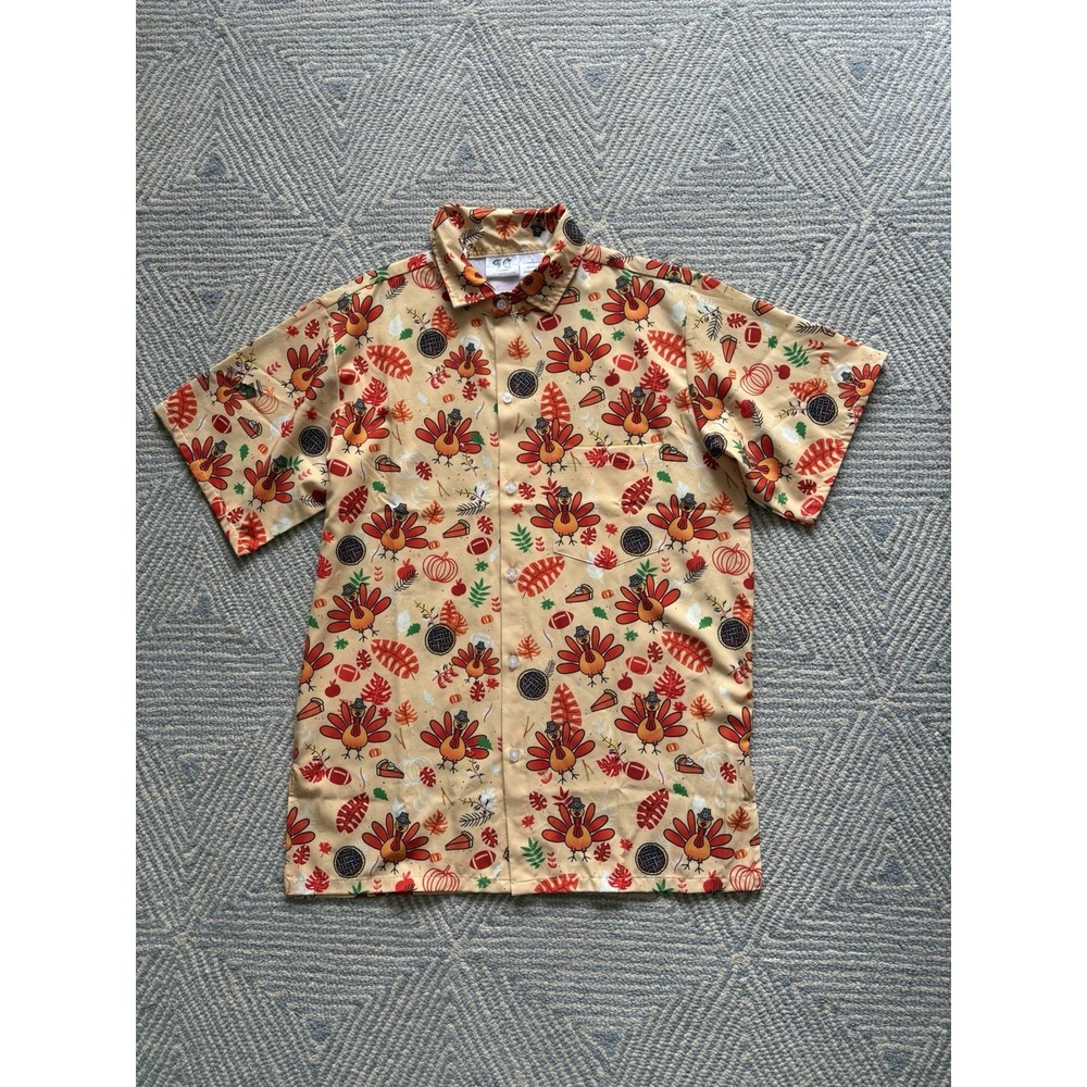 Funny Guy Short Sleeve Thanksgiving Button Shirt - Polyester- Multicolor Medium